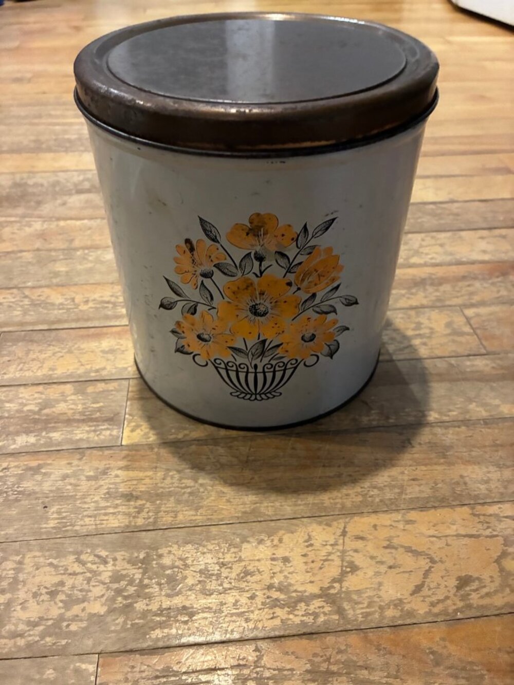 Vintage 1970s Floral Metal Canister with Lid